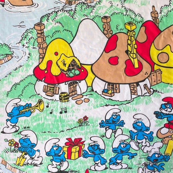 Vintage 1980s "Smurf Village " Twin Flat Bed Sheet Fabric - Picture 2 of 12